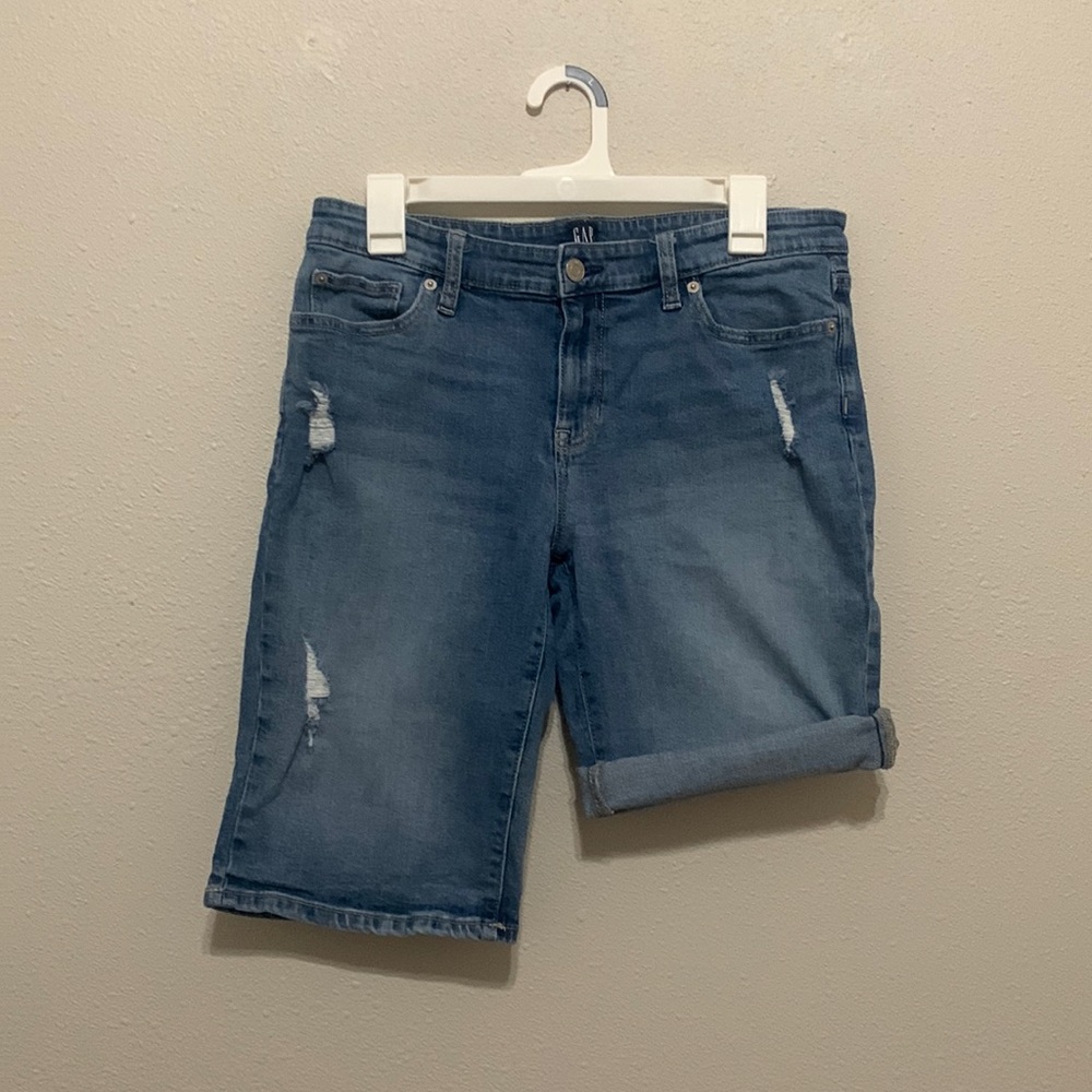 Gap Denim distressed jean shorts. Inseam 11” when not rolled up.  Size 30.